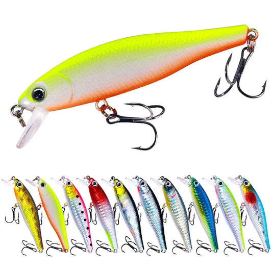 Minnow crank wobbler jerkbait fishing lure in vibrant yellow and orange, ideal for bass, pike, and carp fishing.