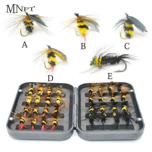 MNFT 32Pcs artificial insect baits for trout fishing, featuring bumble bee styles A-E in a durable storage box.