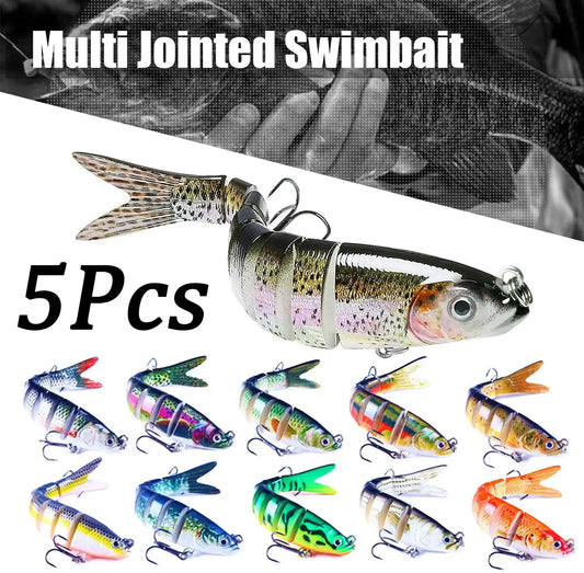 Multi jointed swimbait set of 5 pieces featuring realistic fish design for freshwater and saltwater fishing.