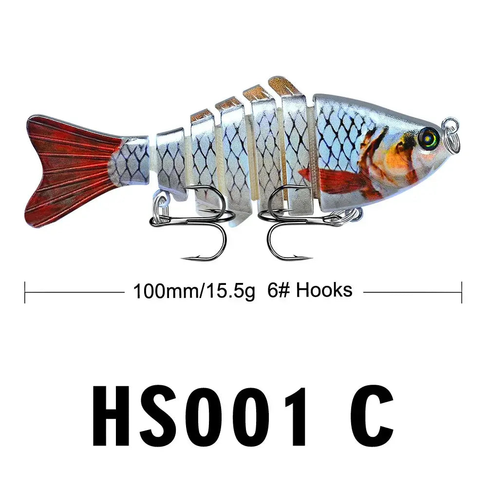 Multi jointed swimbait lure, 100mm long, 15.5g weight, designed for freshwater and saltwater fishing.