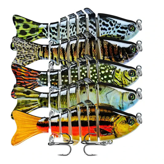 Multi jointed swimbait fishing lures in various colors, ideal for bass fishing in freshwater and saltwater.