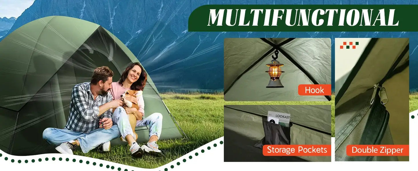Multifunctional camping tent features: hook, storage pockets, double zipper, designed for comfort in outdoor settings.