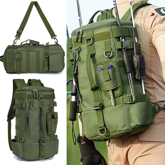 Multifunctional fishing backpack with rod holders, MOLLE webbing, and durable storage for outdoor sports and camping.