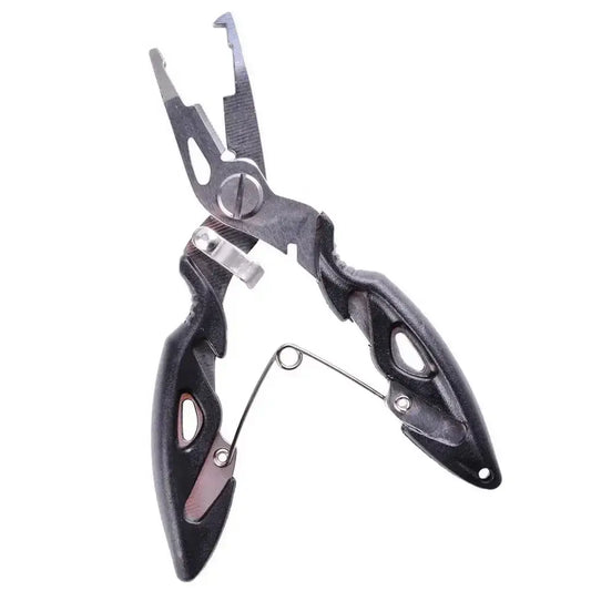 Multifunctional fishing pliers with ergonomic grip for cutting lines and removing hooks.