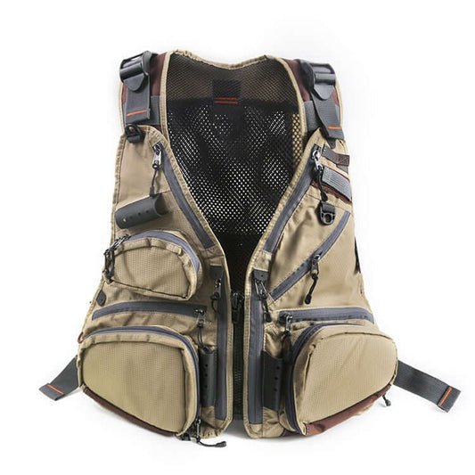 Multifunctional breathable fishing vest with multiple pockets and mesh back for warm weather use.