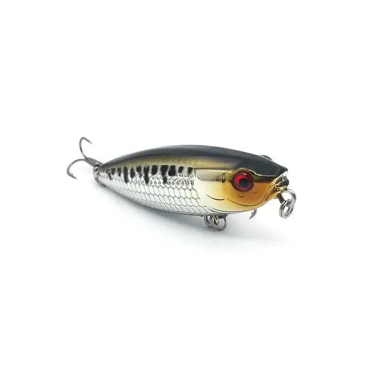 New 6cm floating pencil stickbait fishing lure in silver and gold with red eyes, designed for topwater fishing.