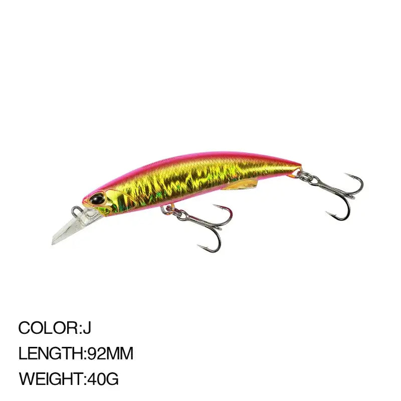 92mm Sea Fishing Minnow Lure in vibrant pink and gold, perfect for bass and saltwater fishing.