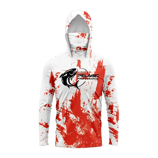 Men's long sleeve Pelagic Professional fishing shirt with UV protection and red splatter design.