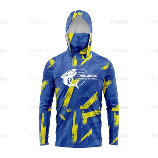Original Pelagic Professional men's hooded fishing shirt in blue and yellow, designed for UV protection and comfort.
