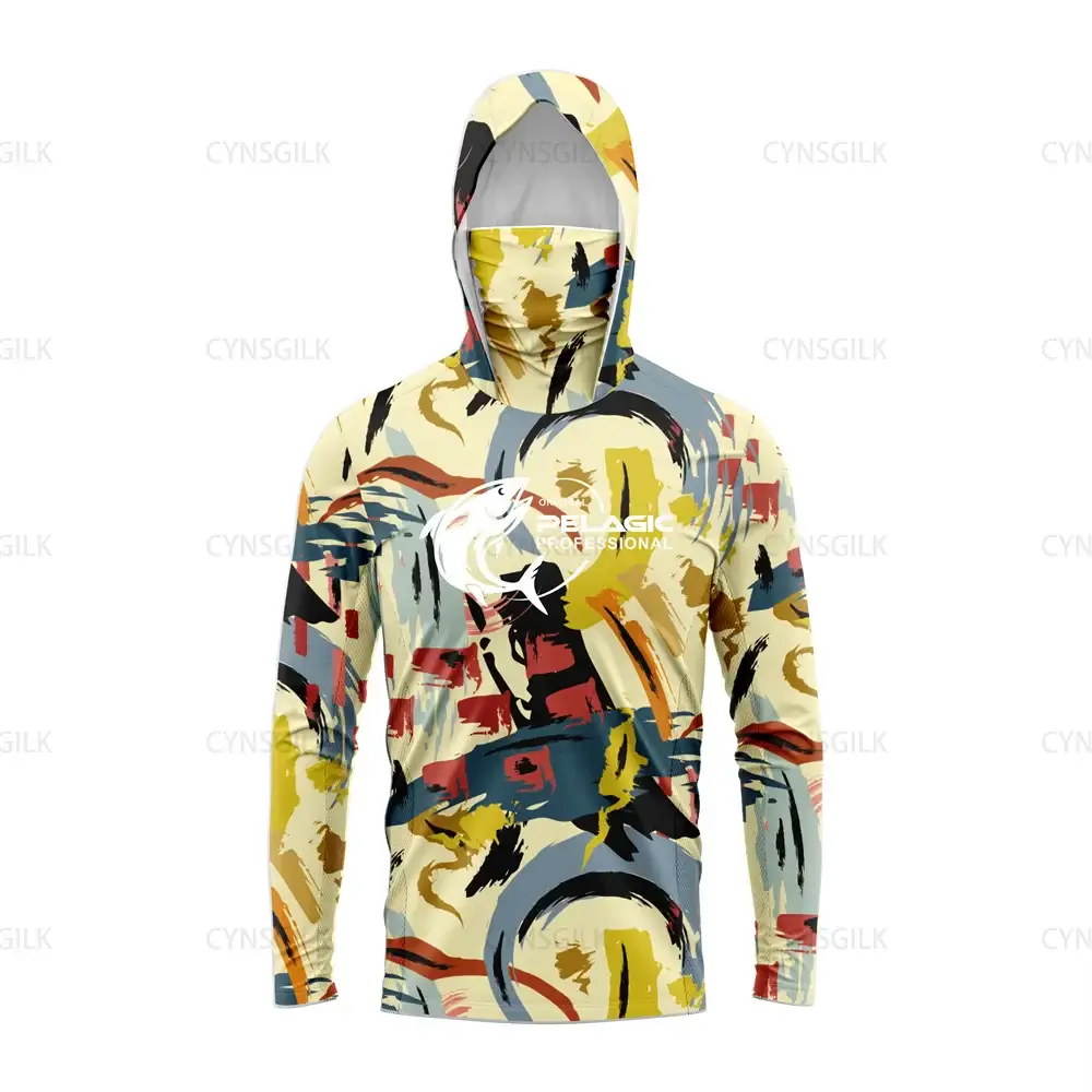 Original Pelagic Professional Men's Hooded Fishing Shirt with colorful abstract design for UV protection.