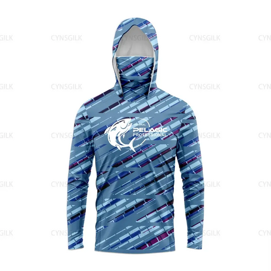 Original Pelagic Professional Men's Hooded Fishing Shirt in blue camo design, offering UV protection and long sleeve comfort.