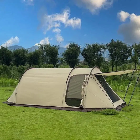 Large outdoor camping tent designed for 3-4 users, featuring a one-bedroom and one-living room structure.