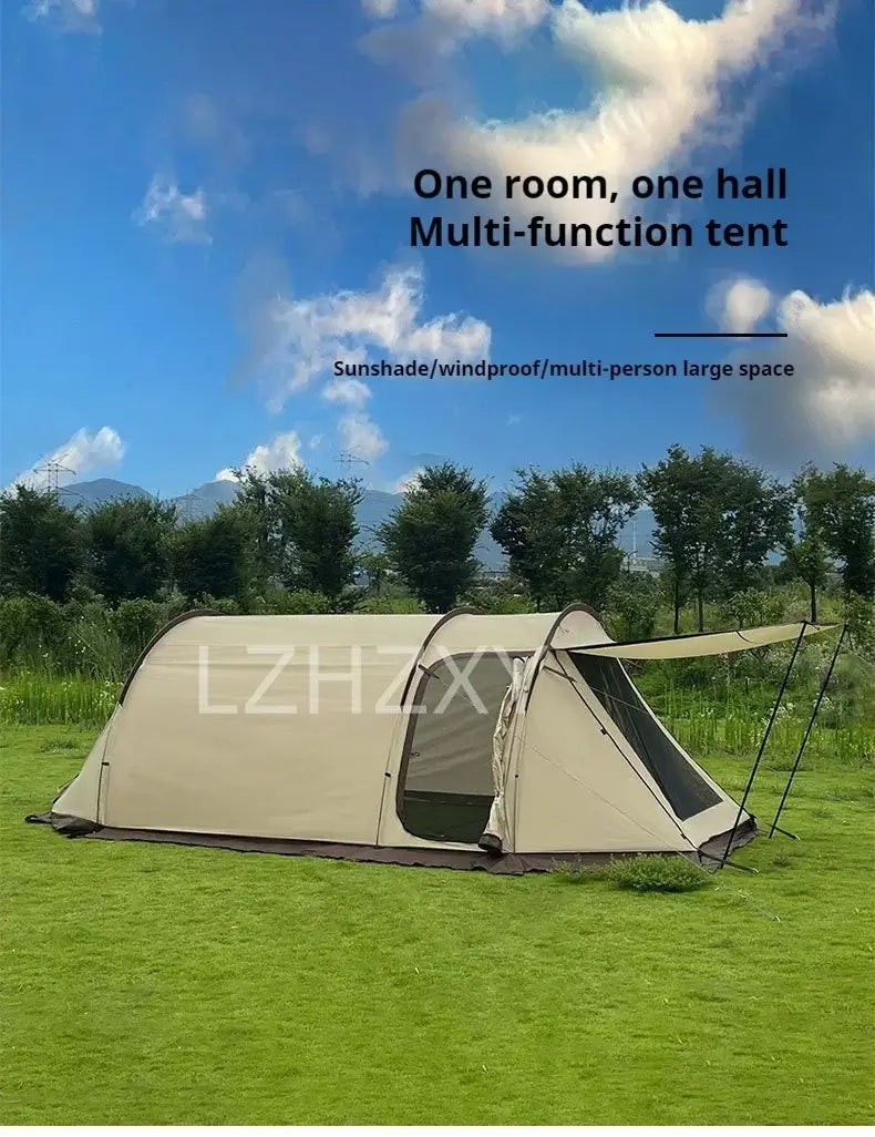 Outdoor camping tent featuring one bedroom and hall, large multi-person space, sunshade, windproof design.