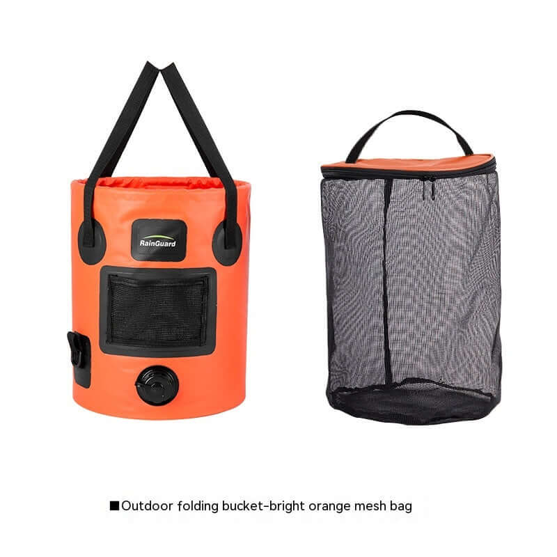 Outdoor portable folding fishing bucket in bright orange with mesh bag for easy storage and large capacity.