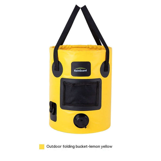 Outdoor portable folding fishing bucket in lemon yellow with a net pocket, ideal for fishing trips and outdoor activities.