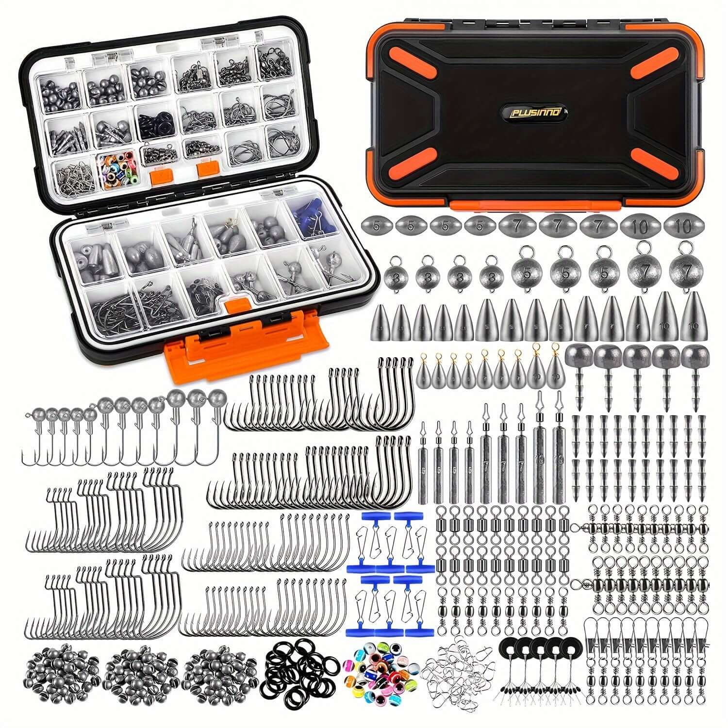 PLUSINNO 397pcs Fishing Accessories Kit with tackle box, hooks, weights, and swivels for versatile fishing.