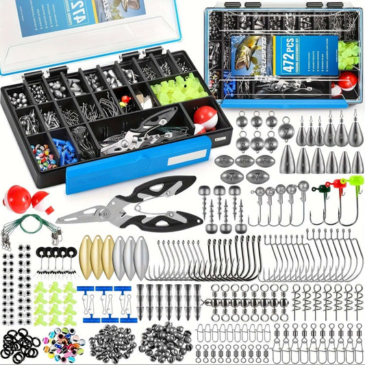 PLUSINNO 472pcs waterproof fishing tackle box with assorted hooks, weights, and tools for bass and trout fishing.