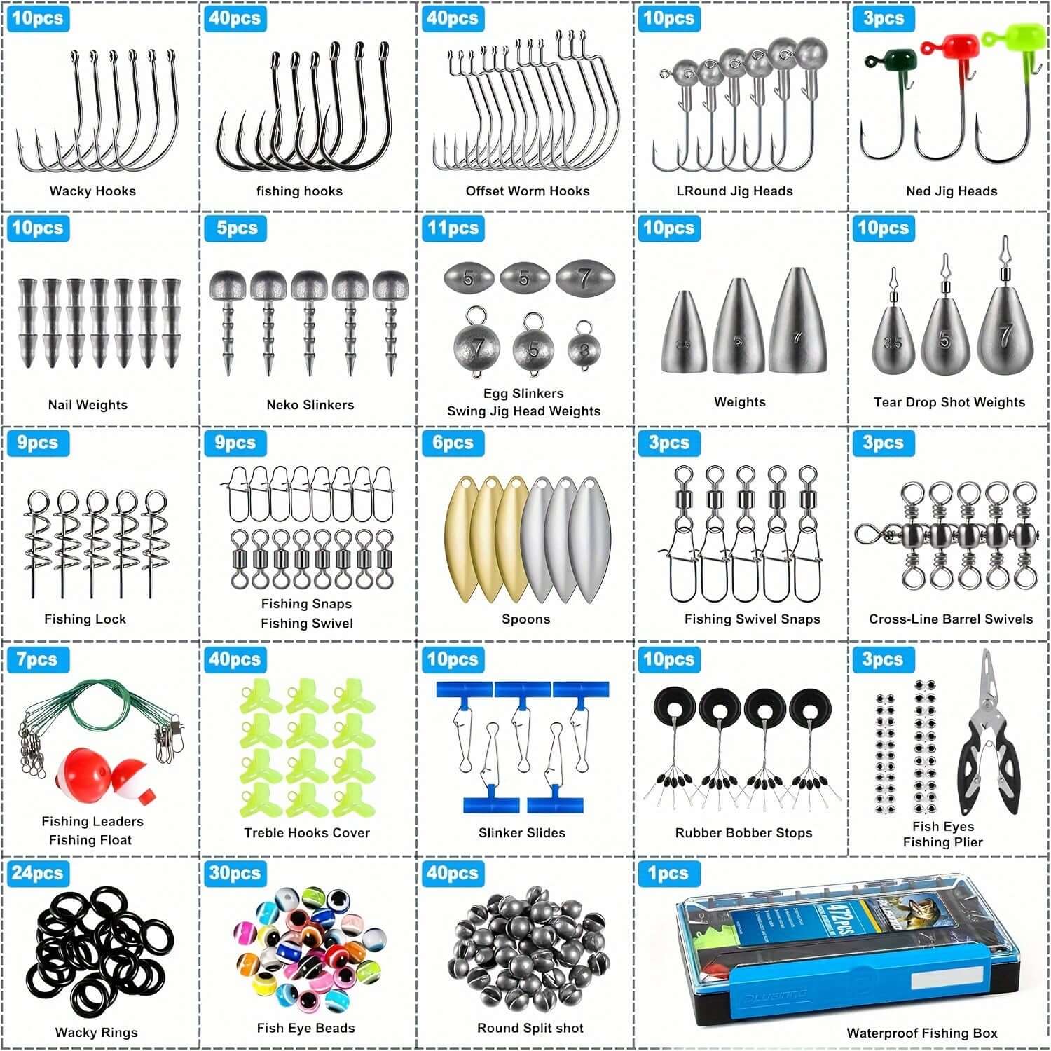 PLUSINNO 472pcs fishing tackle box with hooks, weights, pliers, and accessories for bass and trout fishing.