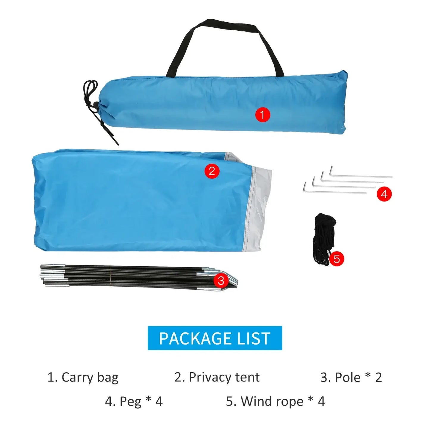 Package list for portable beach shower toilet tent, includes carry bag, tent, poles, pegs, and wind rope.
