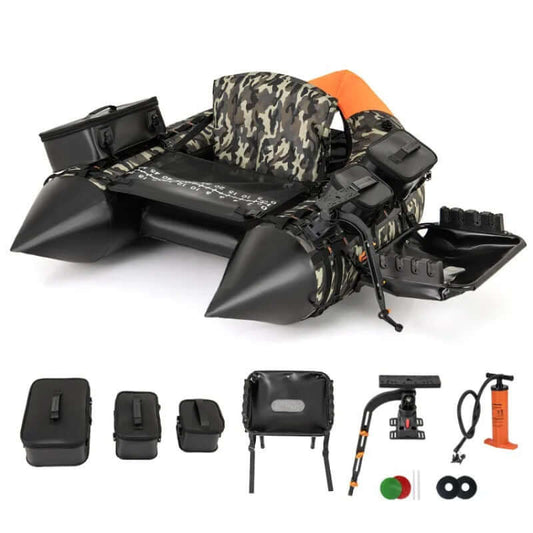 Portable fishing boat with 3 detachable storage boxes for organized gear and easy transport.