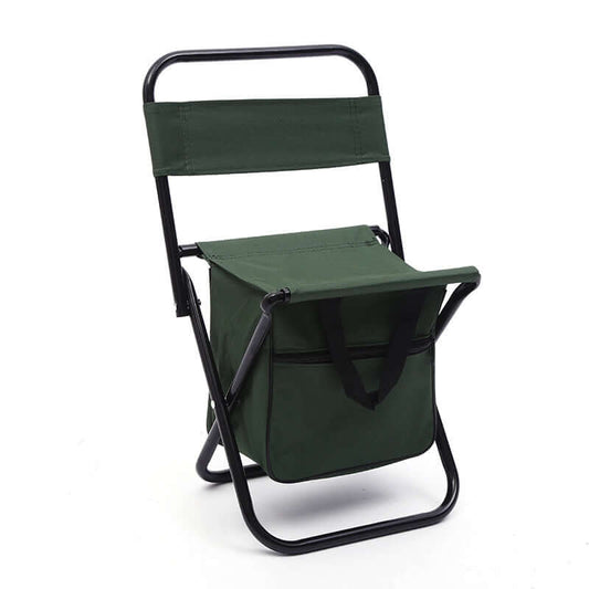 Portable folding chair with backrest and ice pack holder, ideal for camping and fishing.