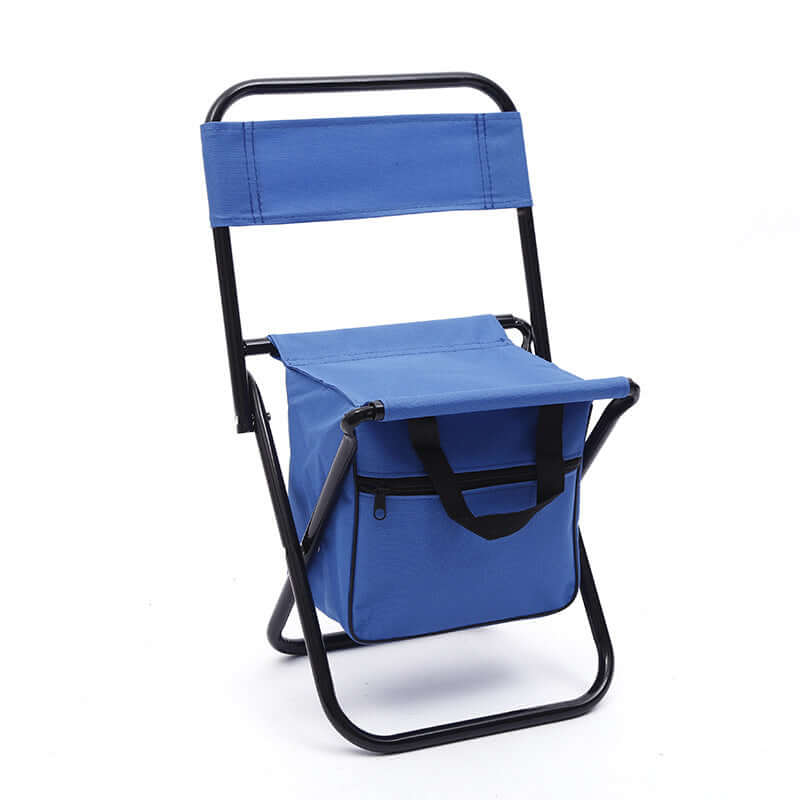 Portable folding chair in blue with ice pack holder, ideal for camping and fishing activities.