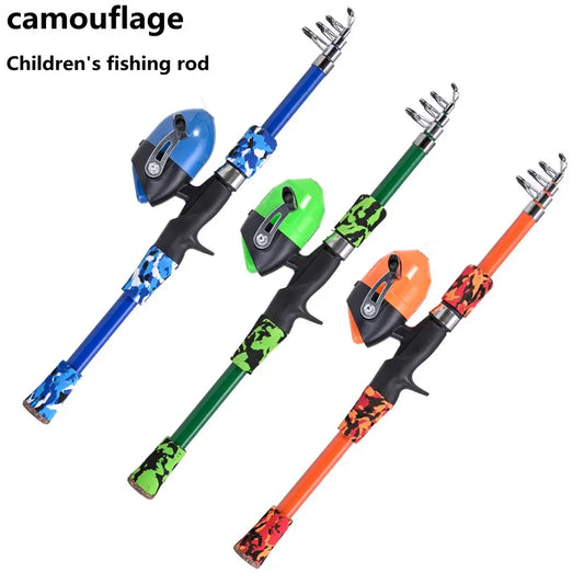 Children's portable telescopic camouflage fishing rods in blue, green, and orange for outdoor adventures.
