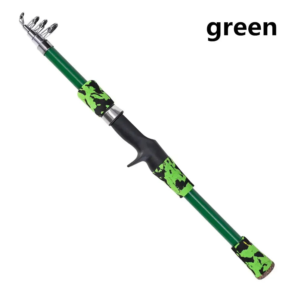Portable telescopic camouflage fishing rod in green, ideal for outdoor fishing accessories and tools.