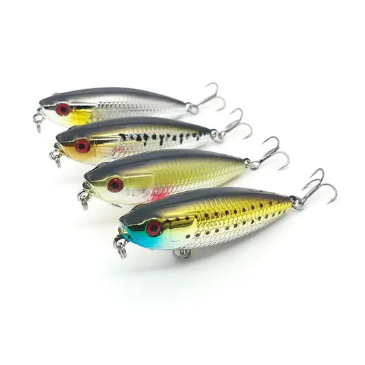Set of colorful floating fishing lures in various designs for topwater fishing targeting bass and trout.