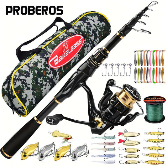 PROBEROS Fishing Rod Reel Combo Kit - Spinning Reel, 1.8m-2.4m/5.9ft-7.9ft Pole, Line, Lure, Hooks - Full Set With Storage Bag - For Beginners & Enthusiasts - Ideal for Freshwater & Saltwater Fishing - Great Gift for Outdoor Lovers.