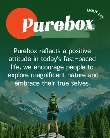 Person embracing nature in front of mountains, promoting a positive lifestyle with Purebox brand.