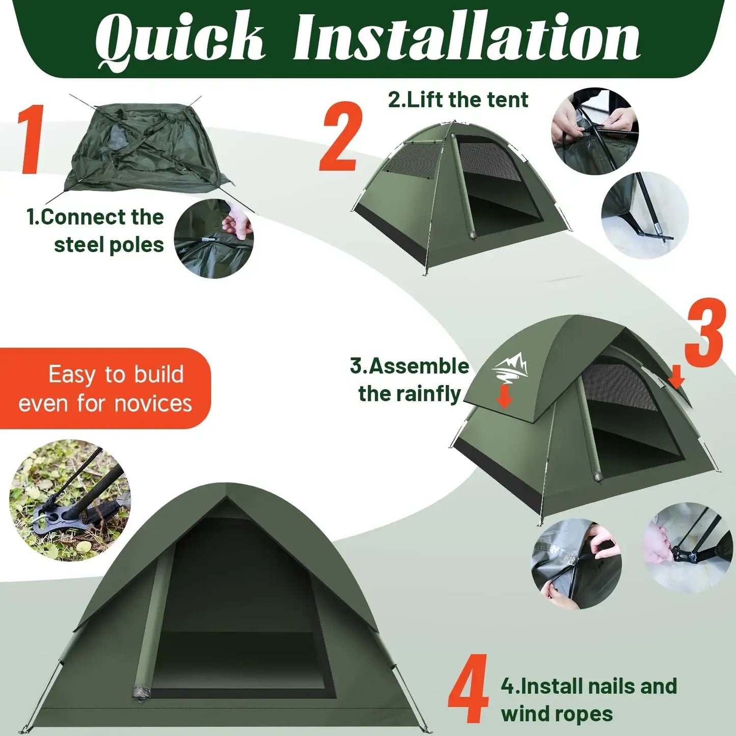 Quick installation guide for a 3-4 person camping tent, showing easy steps and assembly instructions.