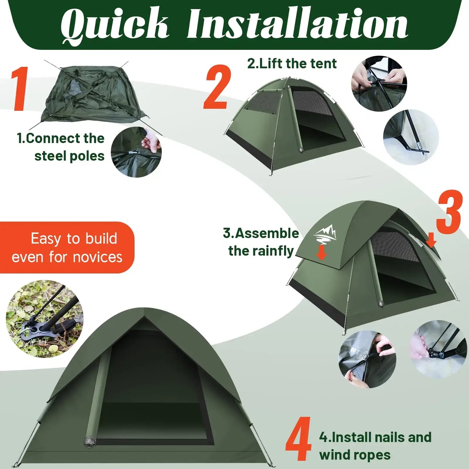 Quick installation guide for a 3-4 person camping tent, showing easy steps and assembly instructions.