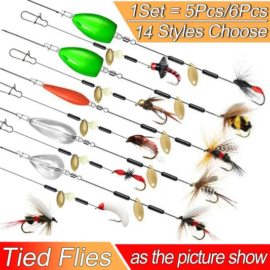 Ready tied flies set with spinners and lures, perfect for trout fishing in various water conditions.