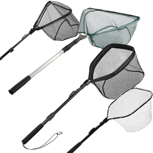 Retractable landing fishing nets with telescoping poles for easy fish catching and release in freshwater.