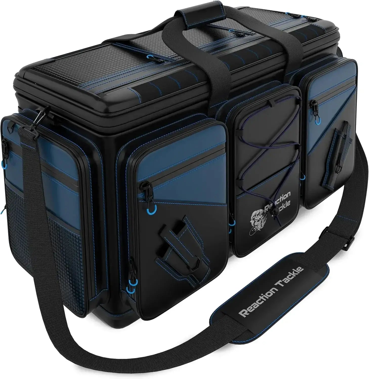 Salt water resistant fishing tackle bag with waterproof 1000D PVC material and organized compartments.