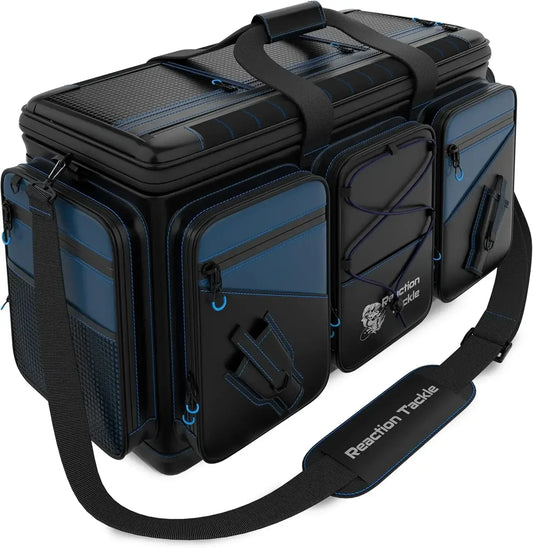 Salt water resistant fishing tackle bag with waterproof 1000D PVC material and organized compartments.