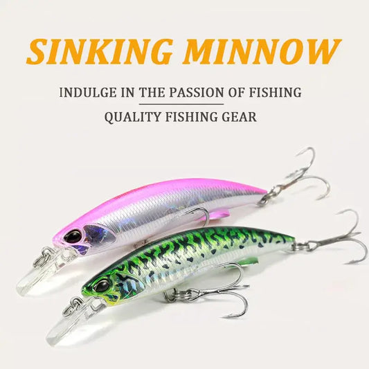Two sinking minnow fishing lures in pink and green designs, perfect for attracting saltwater fish.