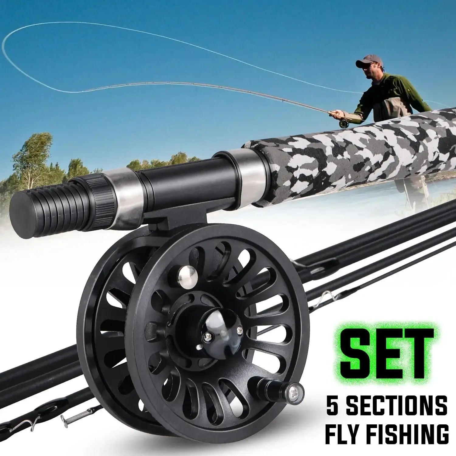 Sougayilang 5-section fly fishing rod and reel combo in action, perfect for beginners and experienced anglers.