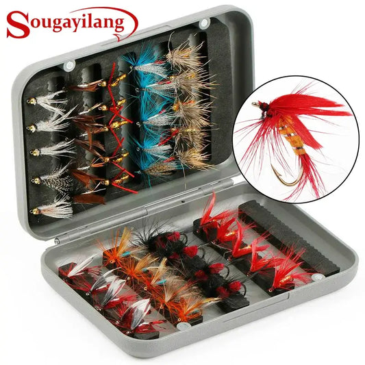 Sougayilang Fly Fishing Lure Kit featuring assorted hand-tied flies in a portable tackle box.
