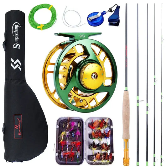 Sougayilang fly fishing rod and reel kit featuring five sections, lures, and accessories for freshwater fishing.
