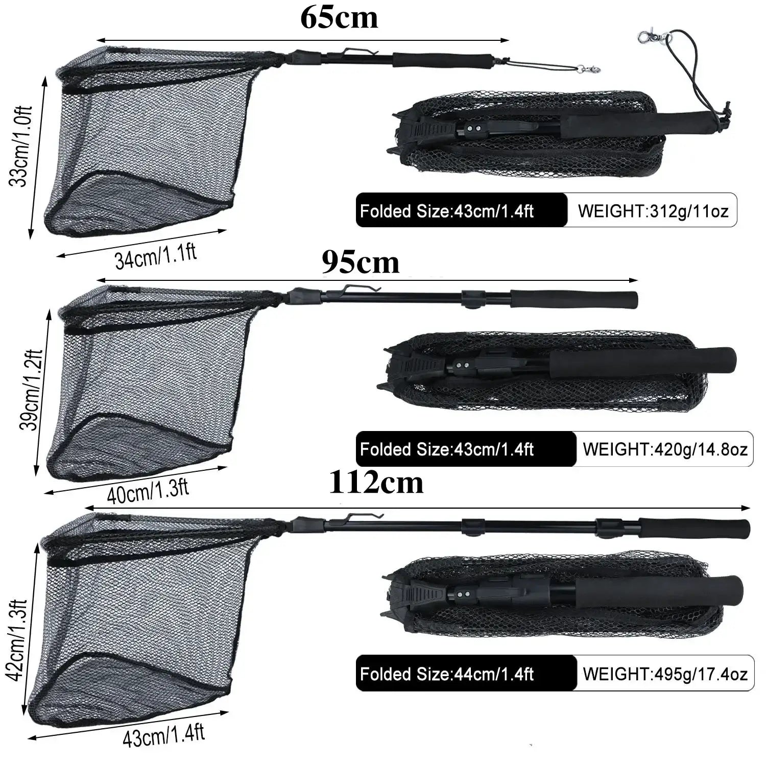 Sougayilang folding fishing net sizes: 65cm, 95cm, and 112cm with weights and folded dimensions for easy transport.