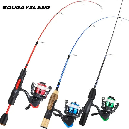 Sougayilang Ice Fishing Rod Combo featuring ultralight spinning rods and reels in red, blue, and black colors for winter fishing.