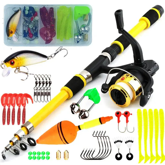 Spinning fishing rod and reel combo with accessories, lures, hooks, and tackle box for diverse fishing experiences.