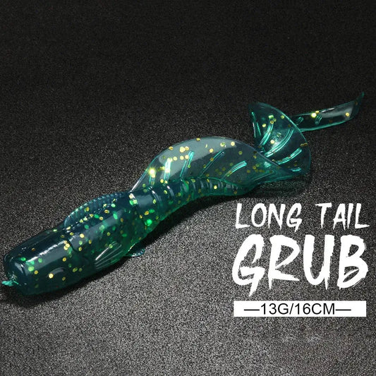 Spinpoler 16cm Long Tail Grub Soft Lure in teal with gold speckles, ideal for bass and trout fishing.