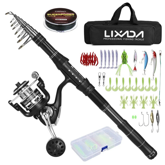 Fishing rod and reel combo with lures, hooks, and carry bag for lake, river, and ocean fishing.