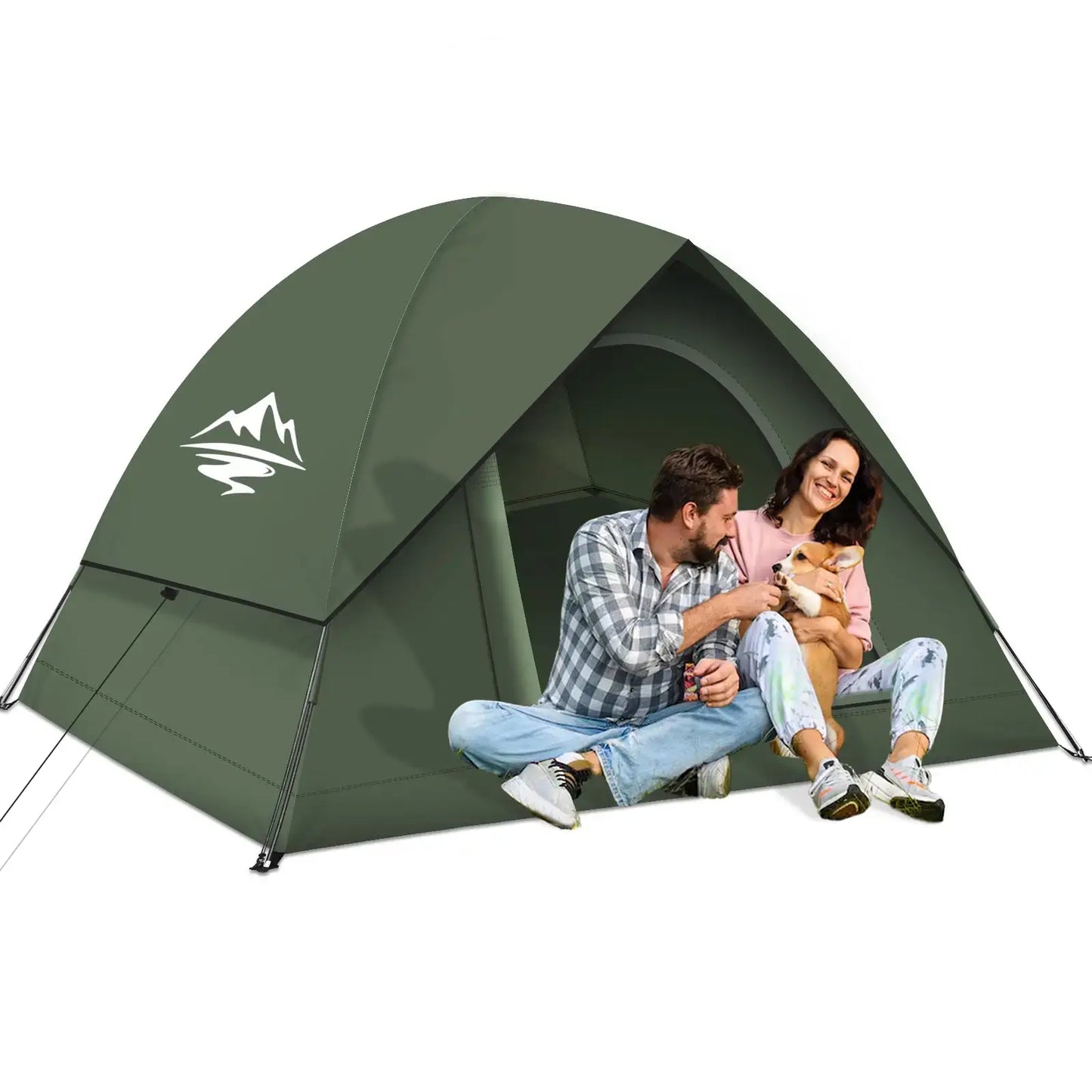 A couple enjoying time inside a 3-4 person waterproof camping tent with a dog, ideal for family trips and outdoor adventures.