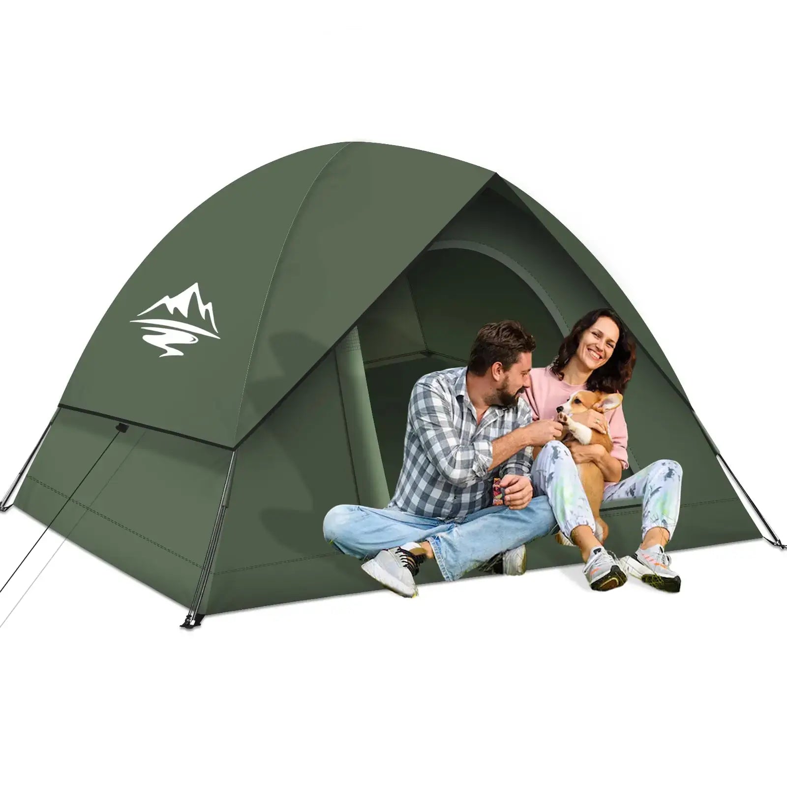 A couple enjoying time inside a 3-4 person waterproof camping tent with a dog, ideal for family trips and outdoor adventures.