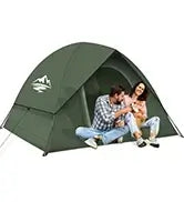 Couple enjoying time in a 3-4 person waterproof camping tent with a removable rainfly.