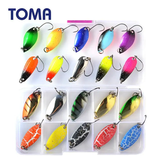 TOMA Trout Spoon Lure Set featuring mixed colors and weights in a compact tackle box for freshwater fishing.